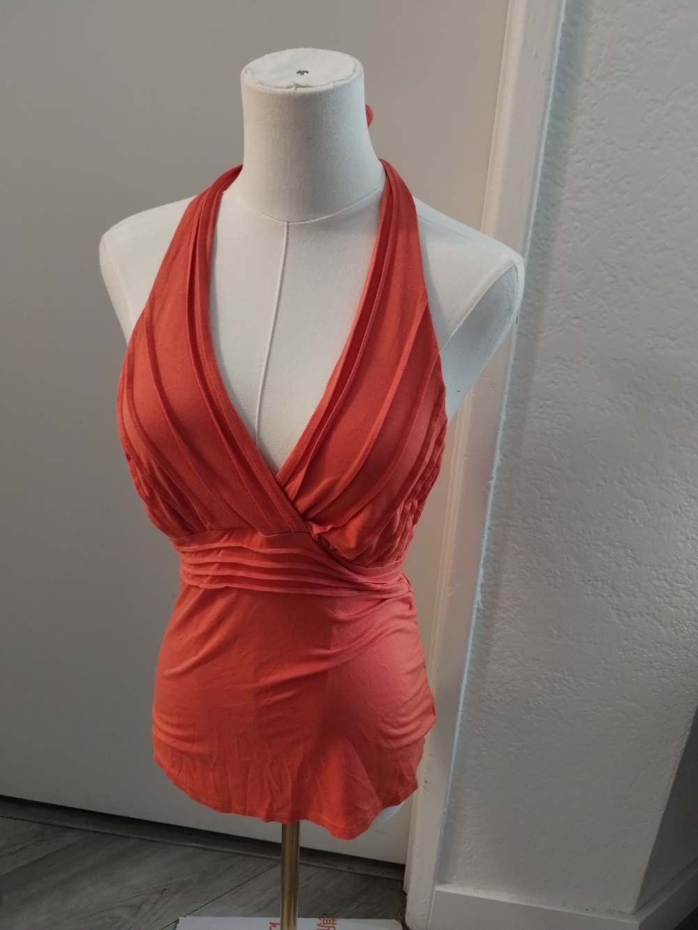 bebe Coral Halter V-Neck Pleated Waist Camisole